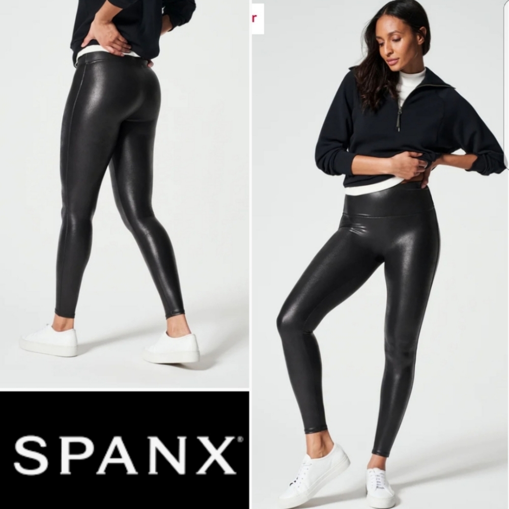 SPANX M Faux Leather Leggings Black Size Medium Style No. 2437